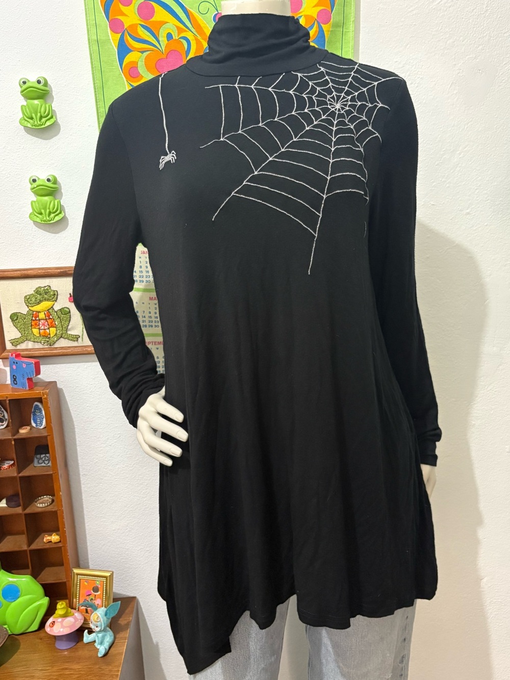 Joseph A Black Halloween Turtleneck Tunic with Silver Spiderweb Embroidery